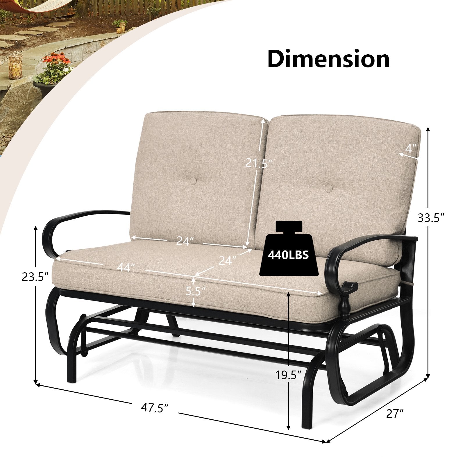 2 Seats Outdoor Swing Glider Chair with Comfortable Cushions, Beige Patio Rocking Chairs & Gliders   at Gallery Canada