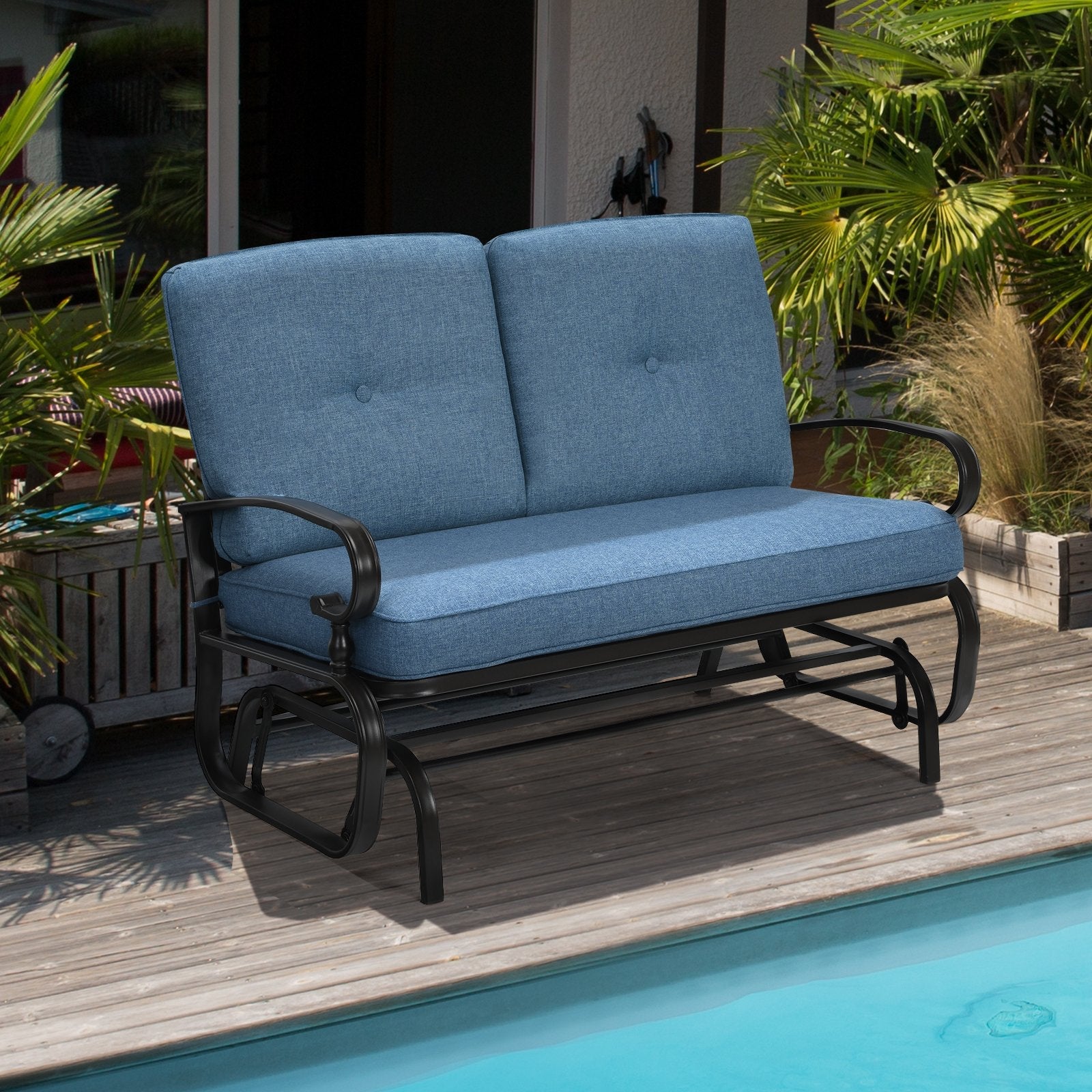 2 Seats Outdoor Swing Glider Chair with Comfortable Cushions, Blue Patio Rocking Chairs & Gliders   at Gallery Canada