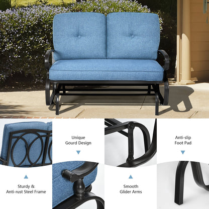 2 Seats Outdoor Swing Glider Chair with Comfortable Cushions, Blue Patio Rocking Chairs & Gliders   at Gallery Canada