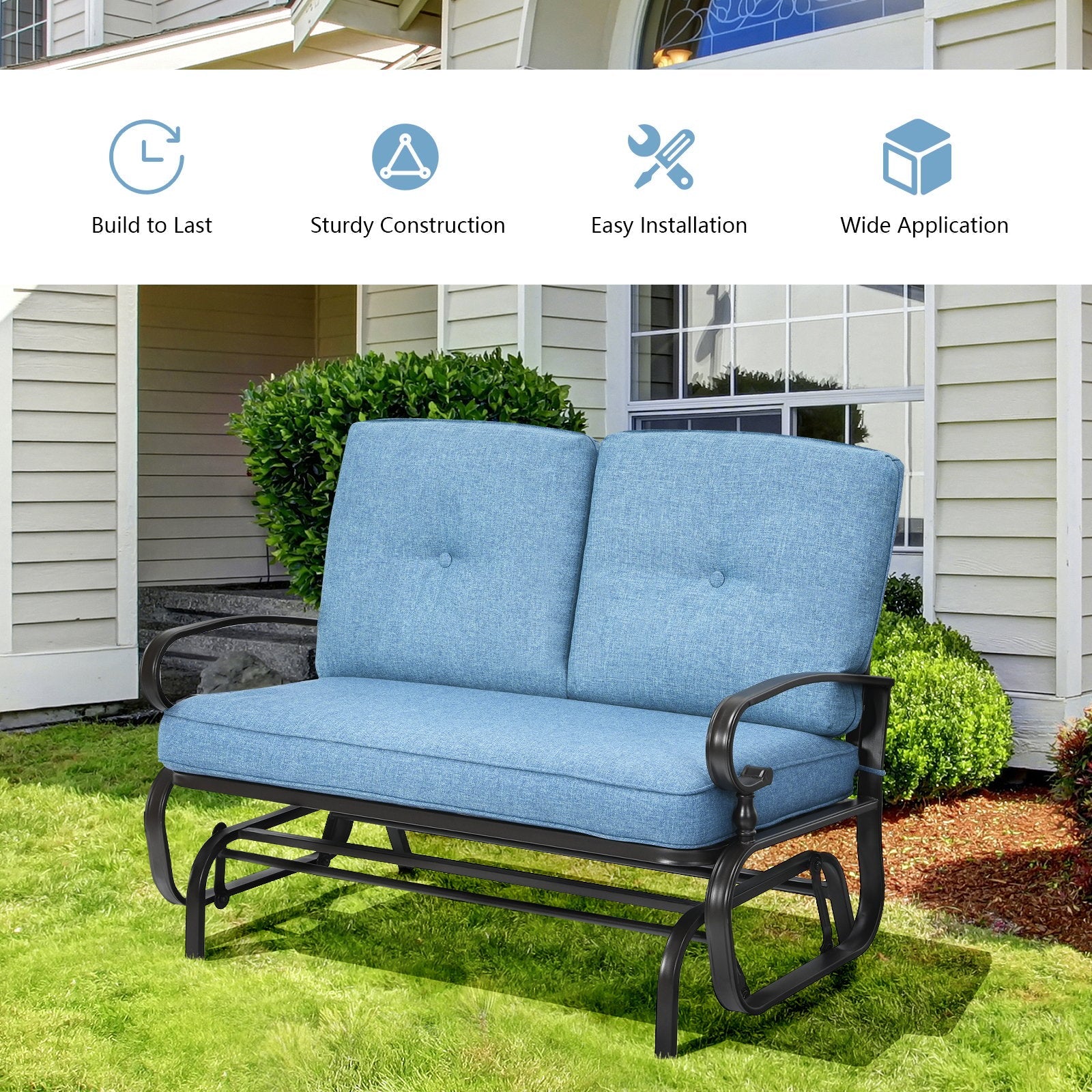 2 Seats Outdoor Swing Glider Chair with Comfortable Cushions, Blue Patio Rocking Chairs & Gliders   at Gallery Canada