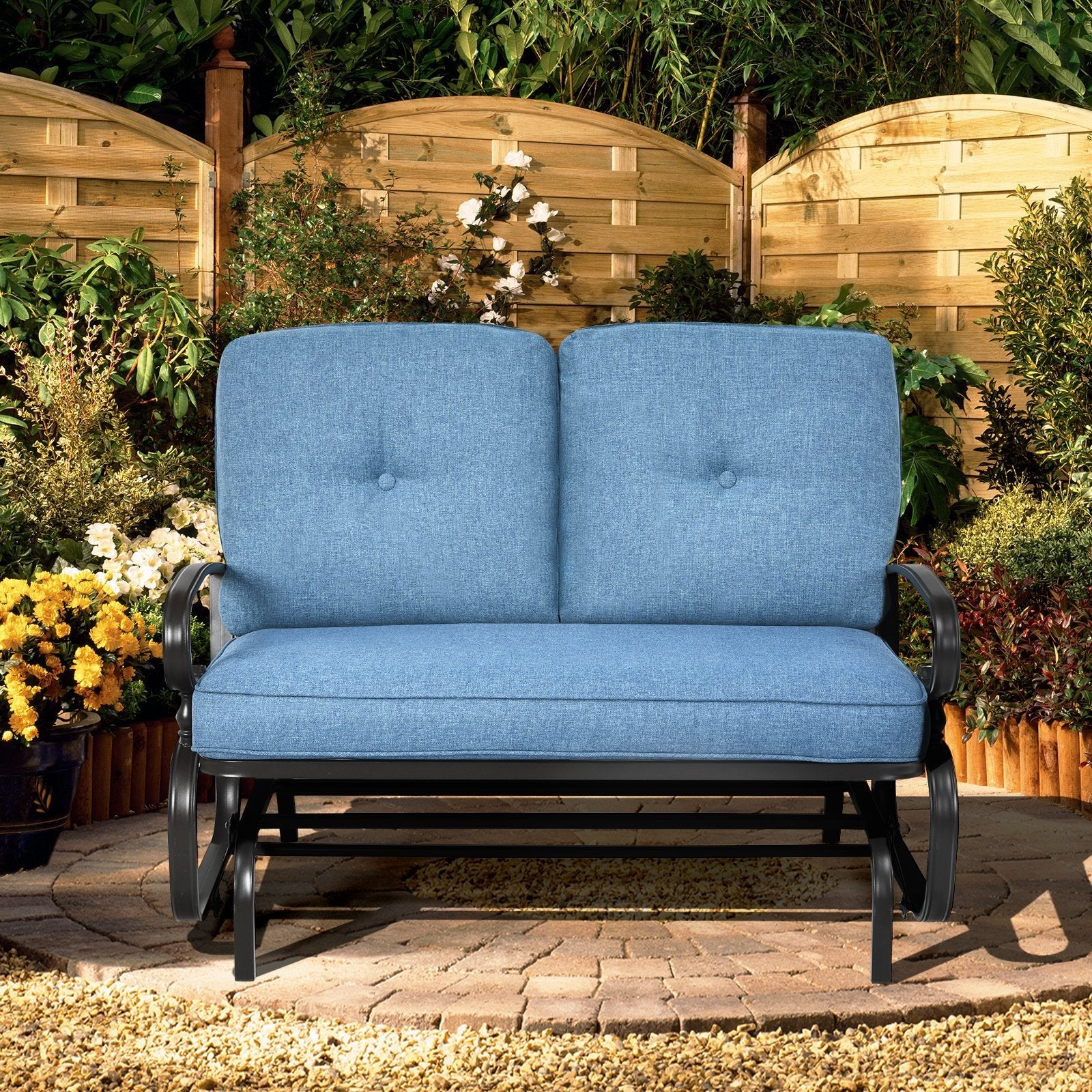 2 Seats Outdoor Swing Glider Chair with Comfortable Cushions, Blue Patio Rocking Chairs & Gliders   at Gallery Canada