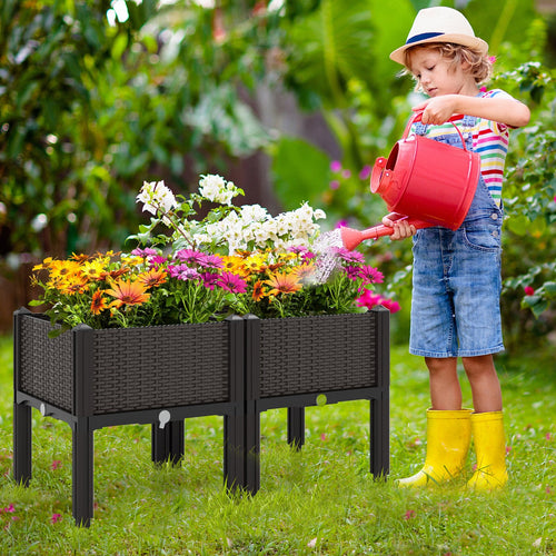 2 Set Elevated Plastic Raised Garden Bed Planter Kit for Flower Vegetable Grow, Brown