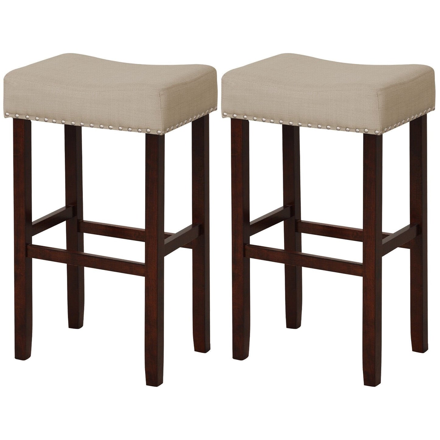 2 Set of 29 Inch Height Upholstered Bar Stool with Solid Rubber Wood Legs and Footrest, Beige Bar Stools   at Gallery Canada