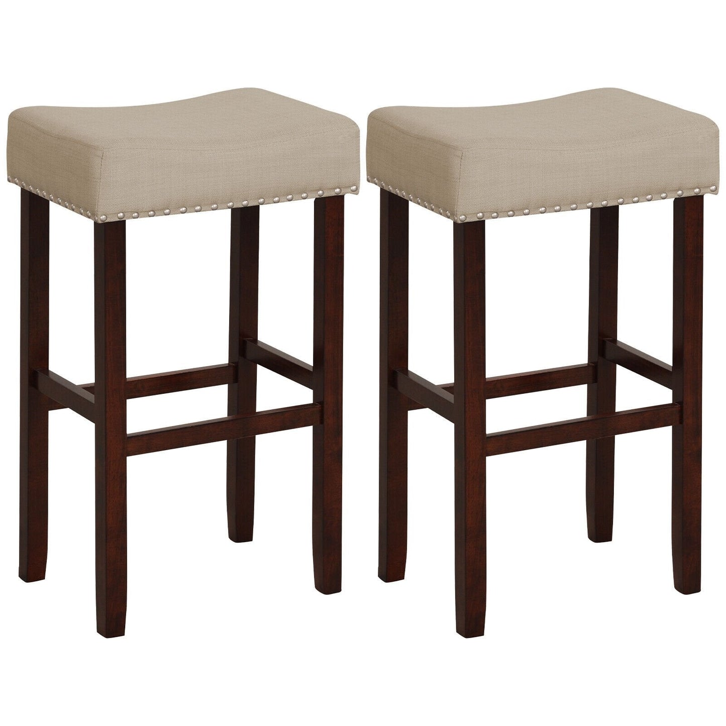 2 Set of 29 Inch Height Upholstered Bar Stool with Solid Rubber Wood Legs and Footrest, Beige Bar Stools   at Gallery Canada