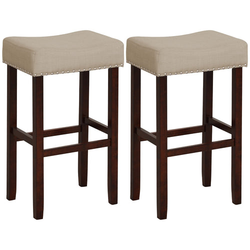 2 Set of 29 Inch Height Upholstered Bar Stool with Solid Rubber Wood Legs and Footrest, Beige