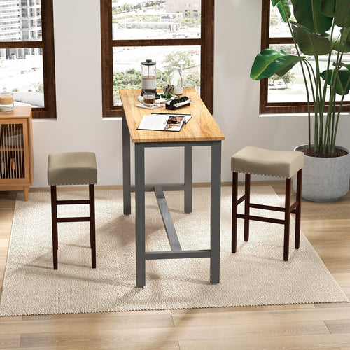 2 Set of 29 Inch Height Upholstered Bar Stool with Solid Rubber Wood Legs and Footrest, Beige