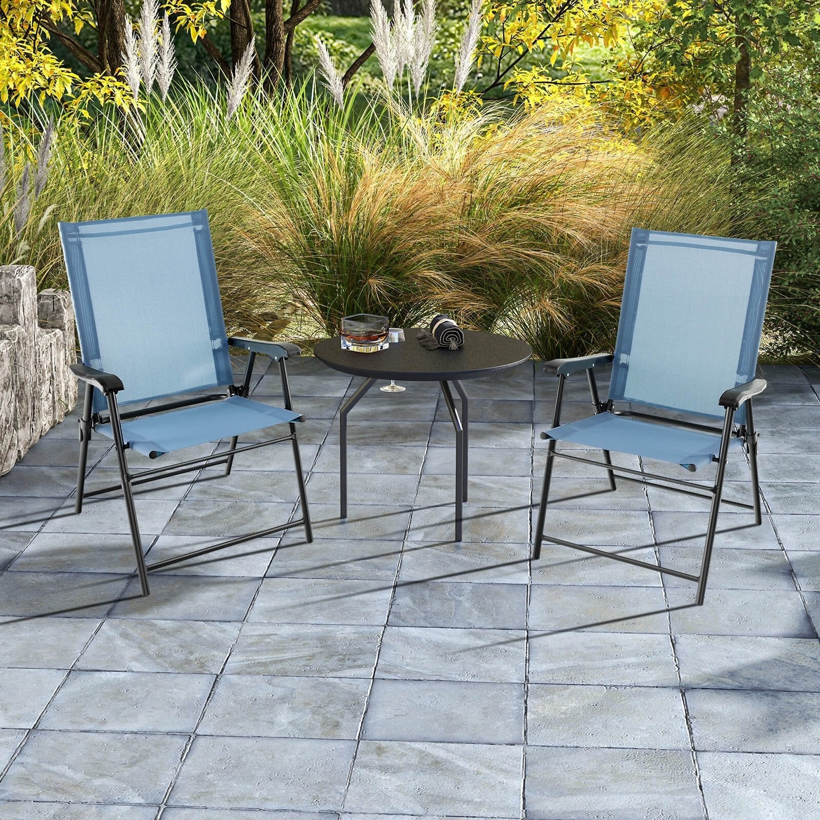 2 Set of Patio Dining Chair with Armrests and Metal Frame, Blue Patio Dining Chairs   at Gallery Canada