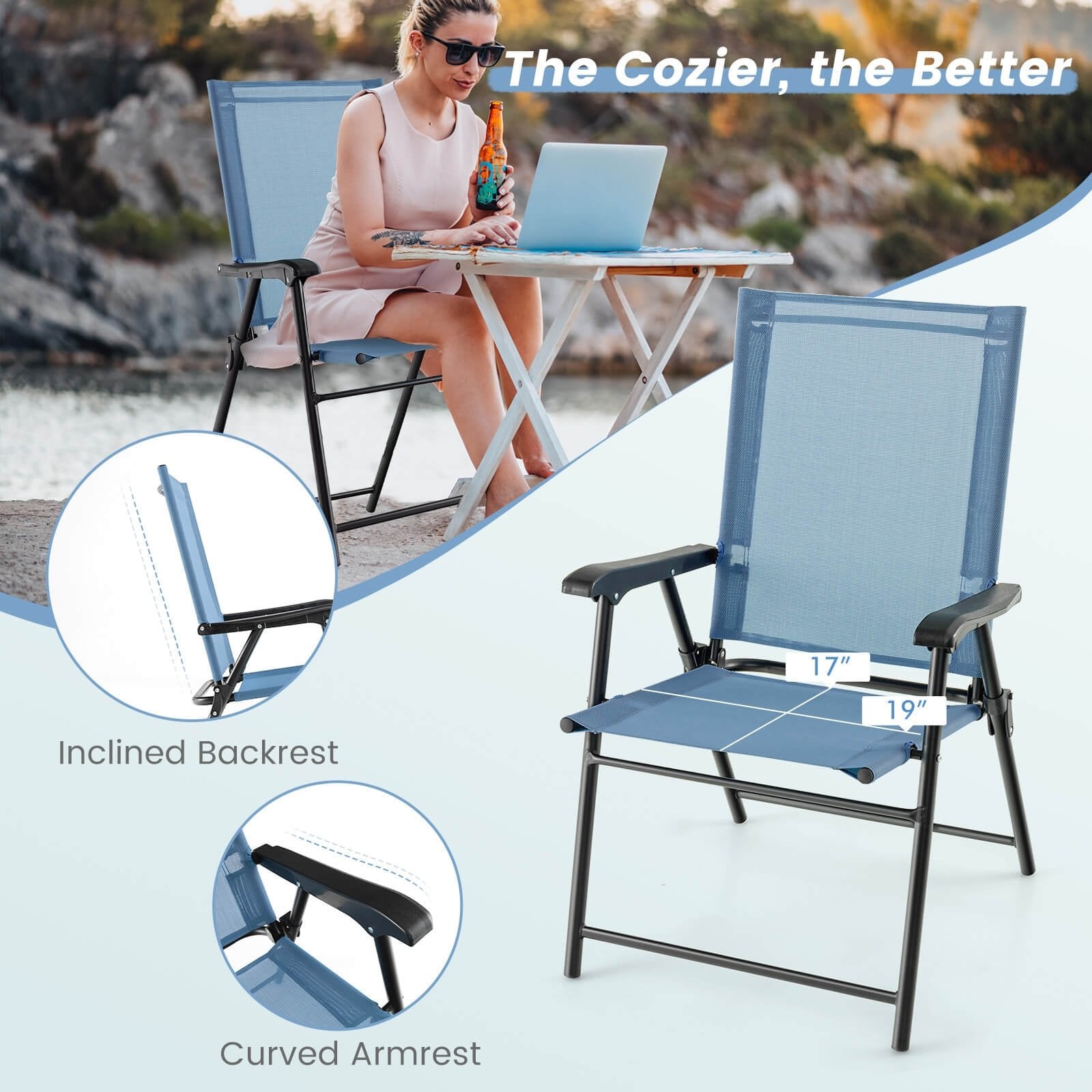 2 Set of Patio Dining Chair with Armrests and Metal Frame, Blue Patio Dining Chairs   at Gallery Canada