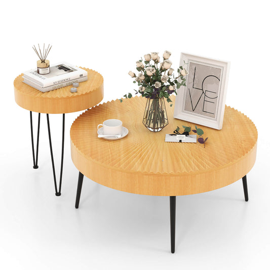 2 Set of Wooden Coffee Table with Metal Legs and Adjustable Foot Pads-Radial Pattern, Natural Coffee Tables   at Gallery Canada