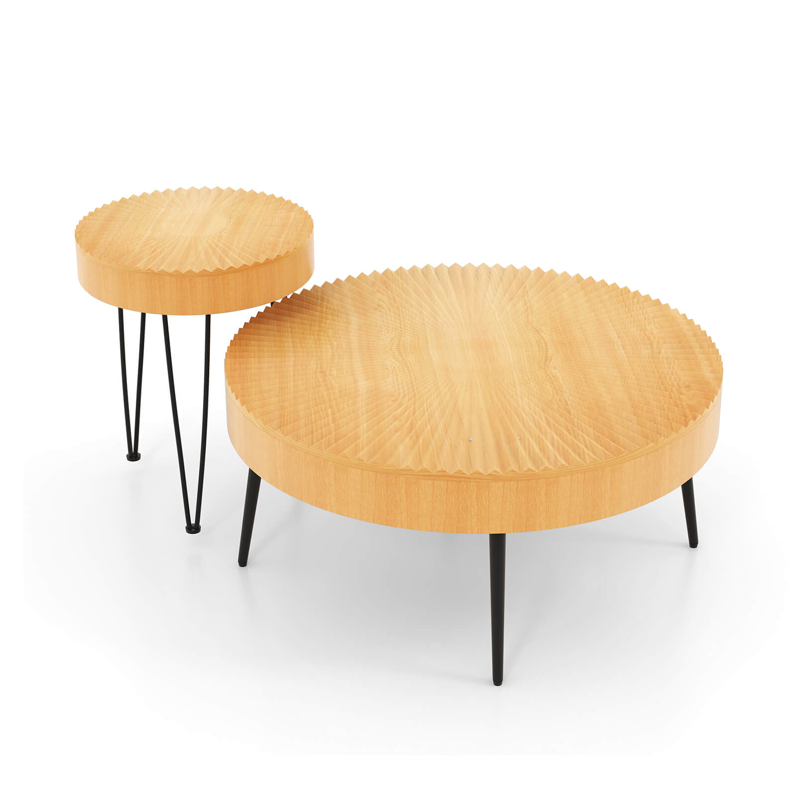 2 Set of Wooden Coffee Table with Metal Legs and Adjustable Foot Pads-Radial Pattern, Natural Coffee Tables   at Gallery Canada