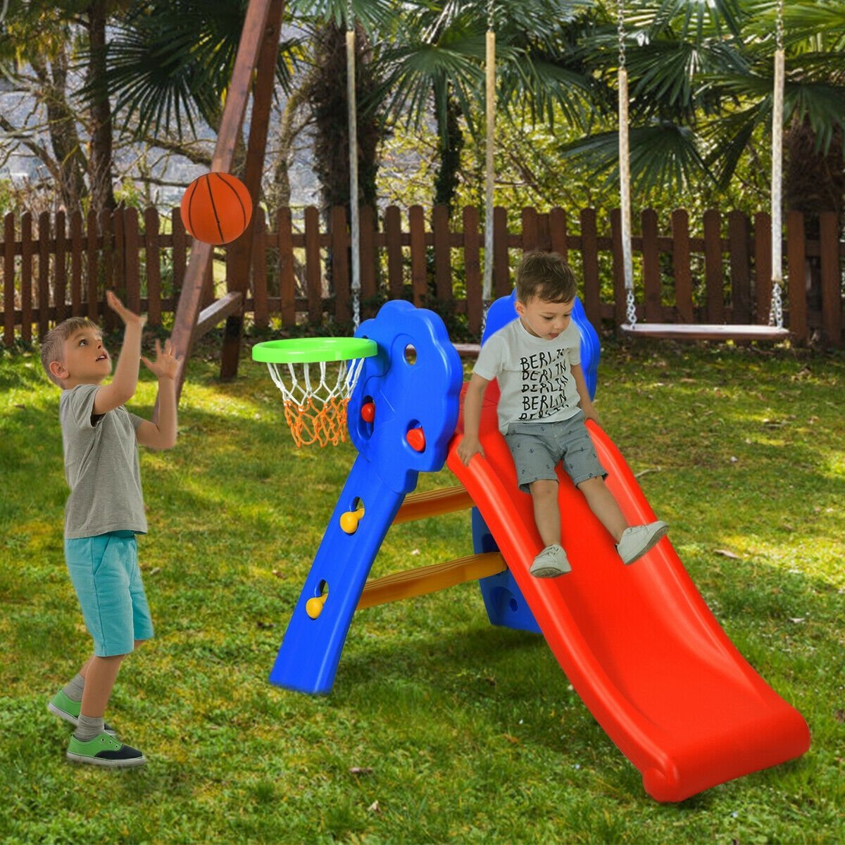 2 Step Indoors Kids Plastic Folding Slide with Basketball Hoop, Multicolor Climbers & Slides   at Gallery Canada