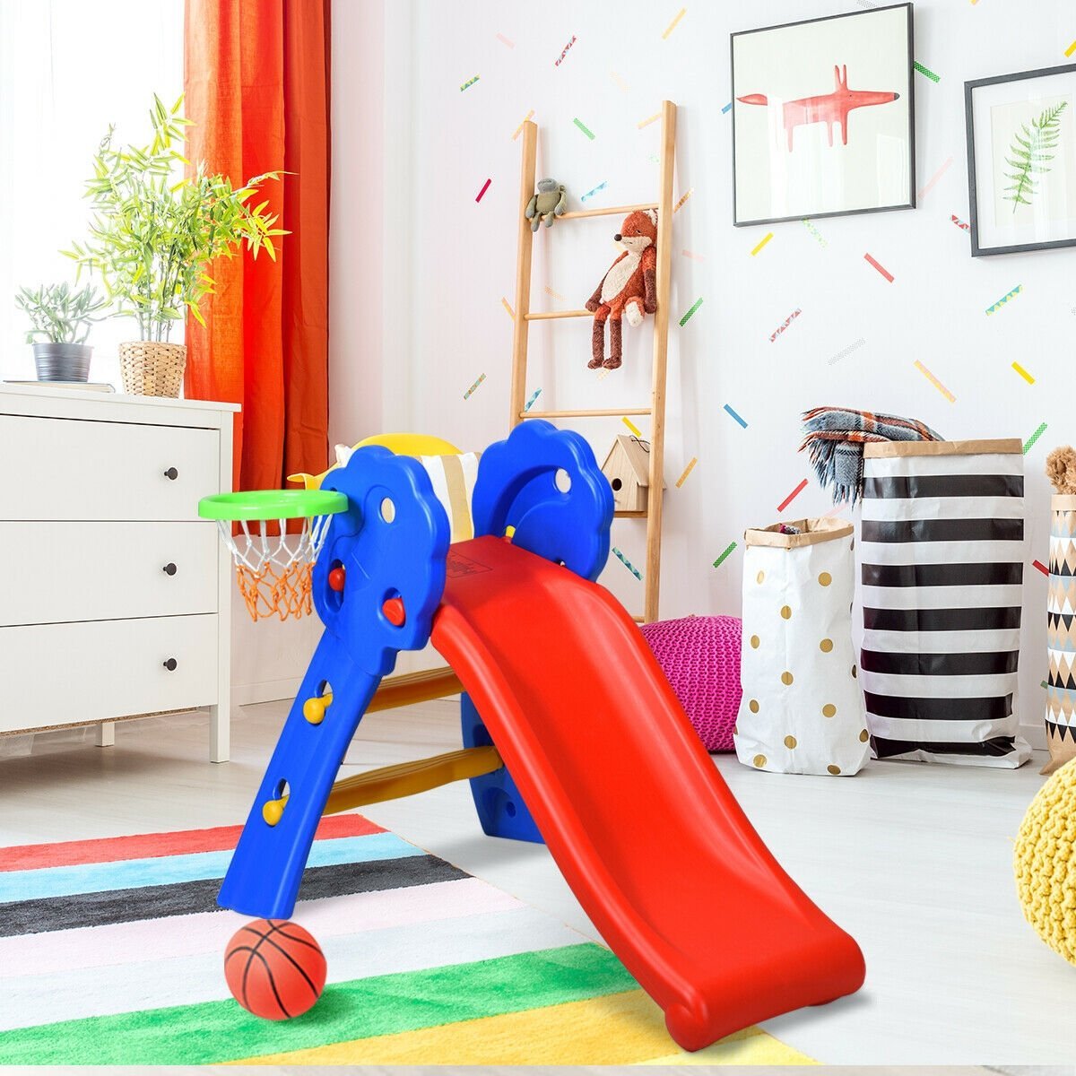 2 Step Indoors Kids Plastic Folding Slide with Basketball Hoop, Multicolor Climbers & Slides   at Gallery Canada