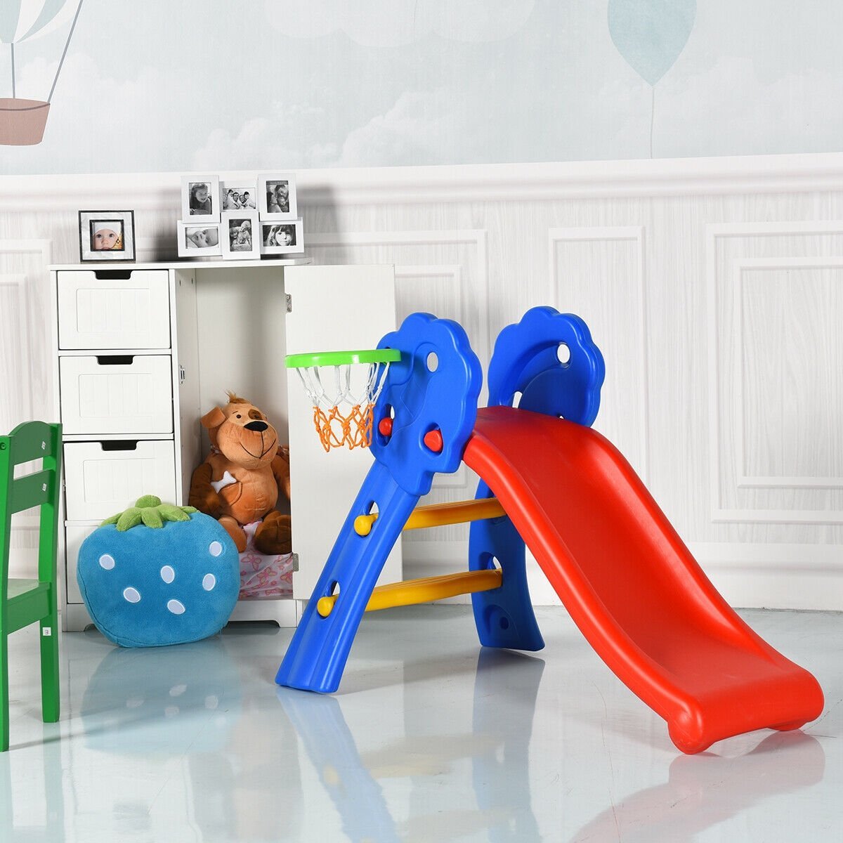 2 Step Indoors Kids Plastic Folding Slide with Basketball Hoop, Multicolor Climbers & Slides   at Gallery Canada