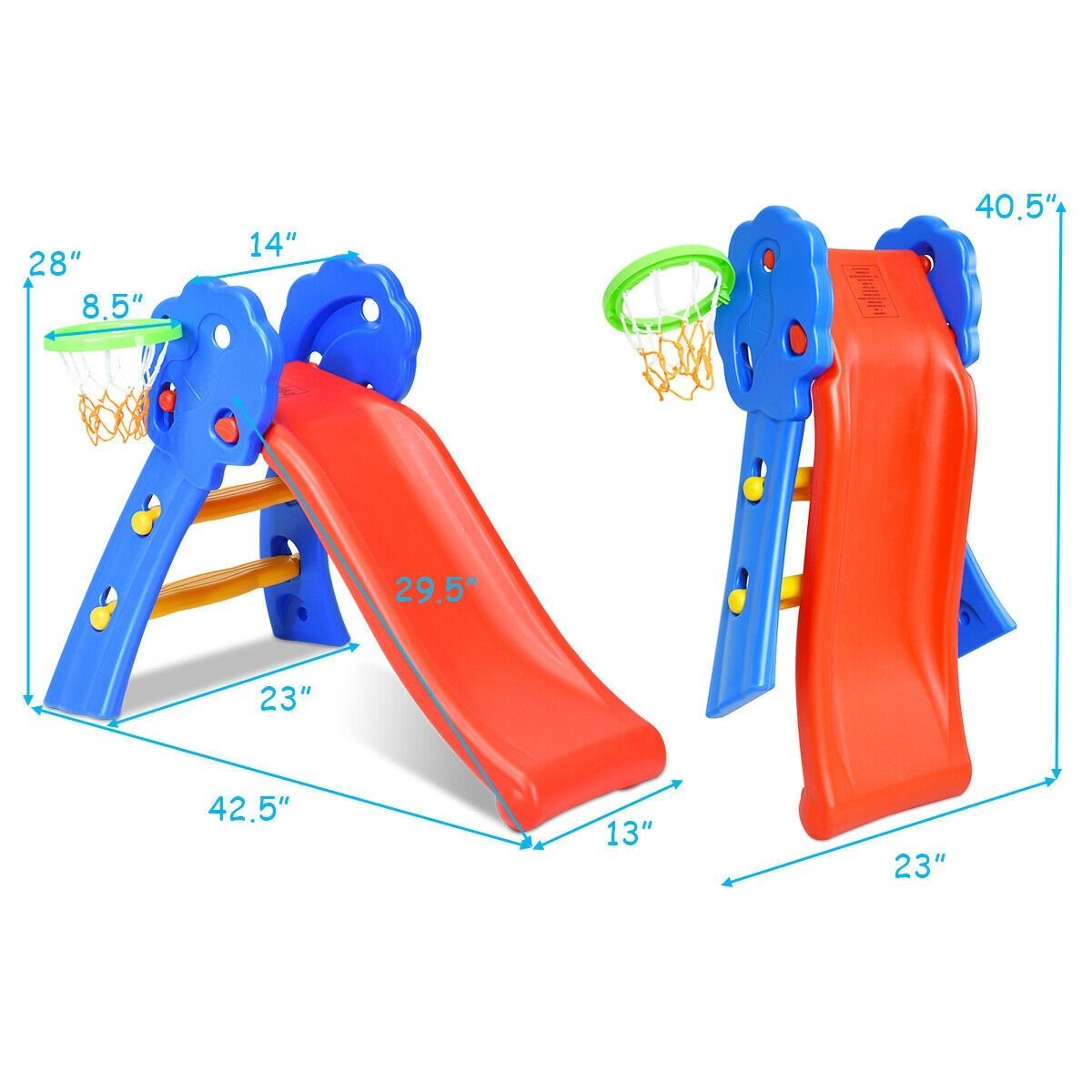 2 Step Indoors Kids Plastic Folding Slide with Basketball Hoop, Multicolor Climbers & Slides   at Gallery Canada