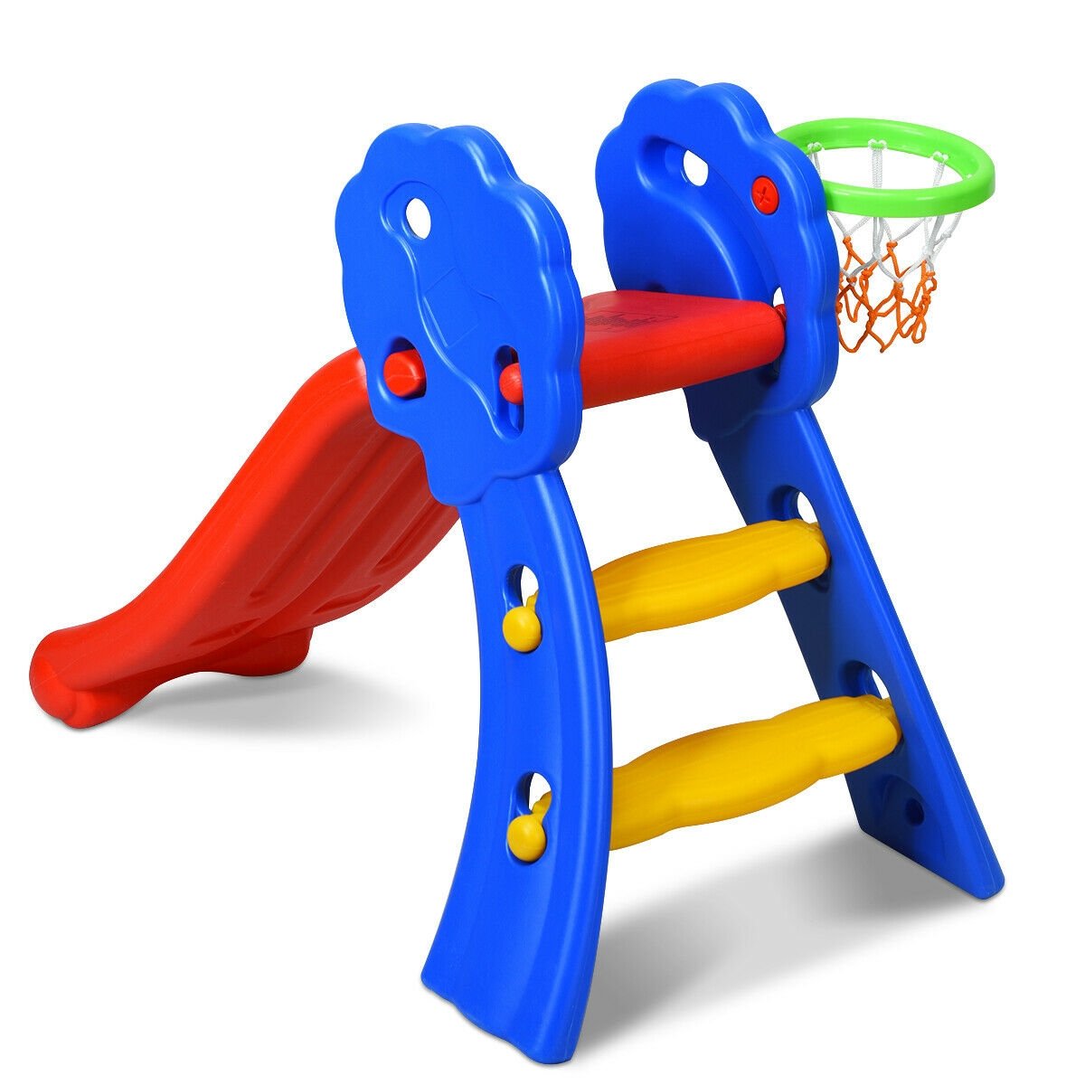 2 Step Indoors Kids Plastic Folding Slide with Basketball Hoop, Multicolor Climbers & Slides   at Gallery Canada