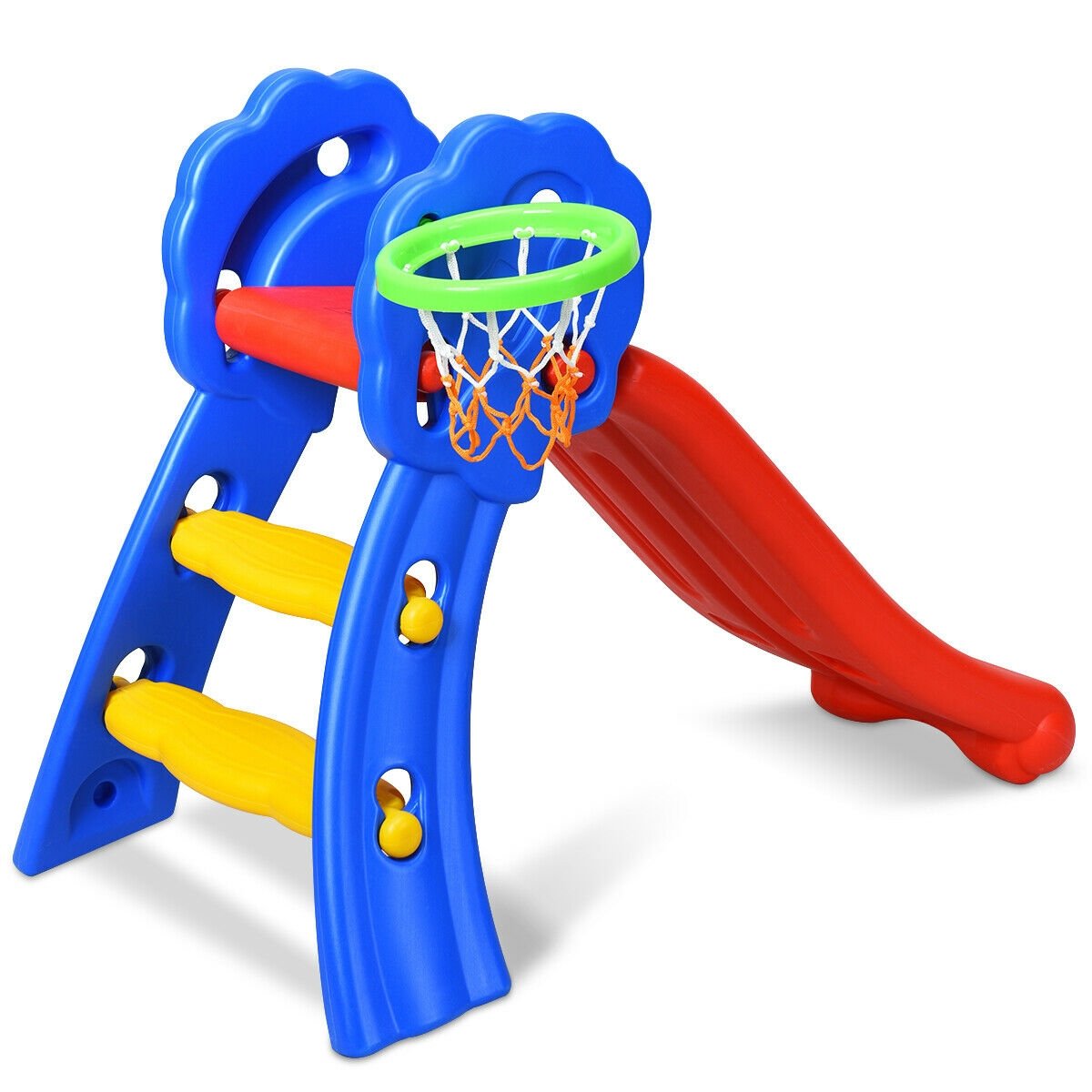 2 Step Indoors Kids Plastic Folding Slide with Basketball Hoop, Multicolor Climbers & Slides   at Gallery Canada