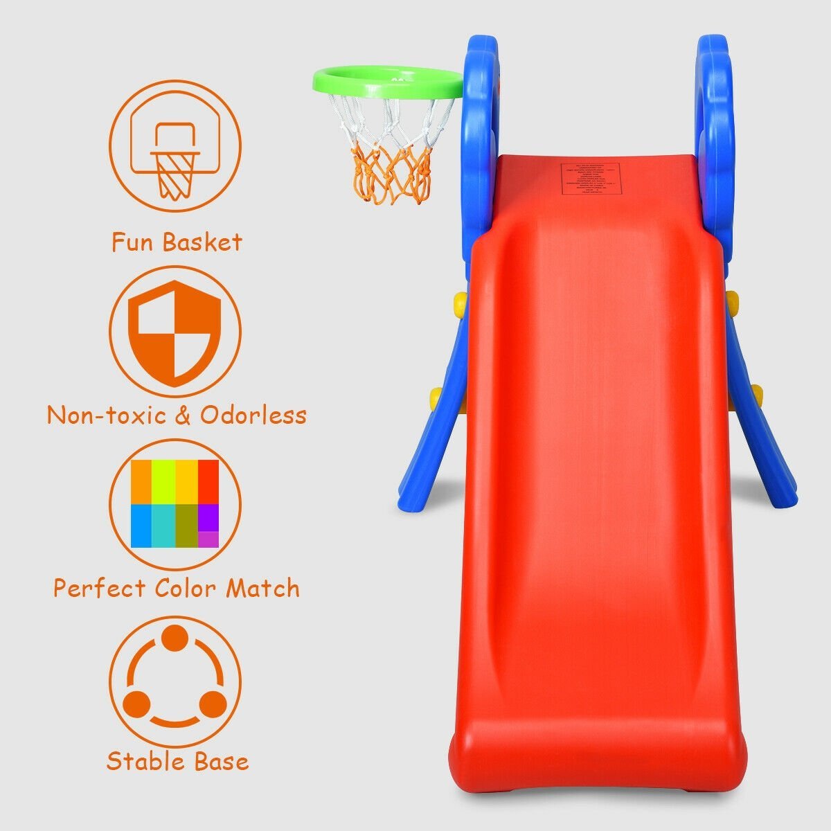 2 Step Indoors Kids Plastic Folding Slide with Basketball Hoop, Multicolor Climbers & Slides   at Gallery Canada