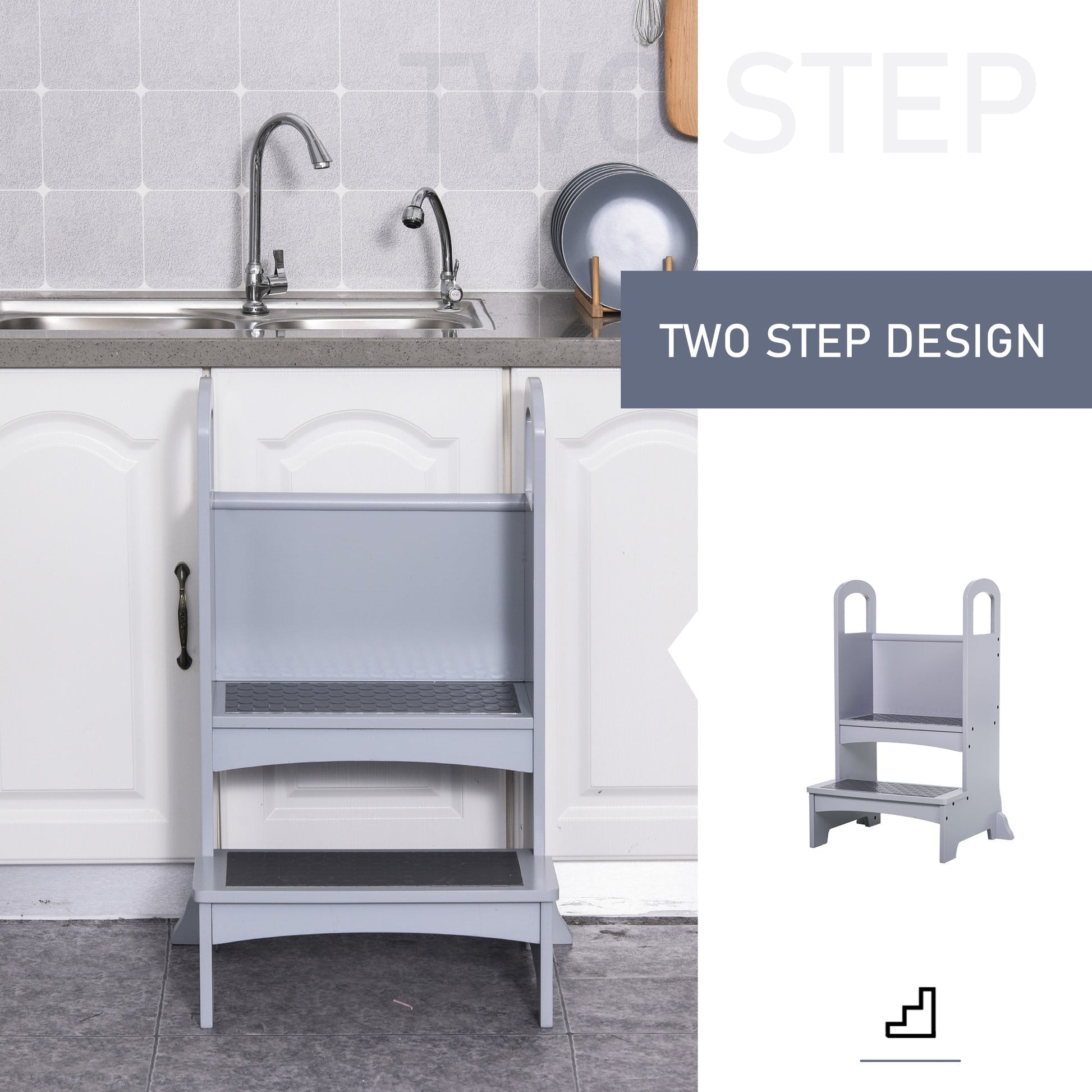 2 Step Stool Kids Kitchen Helper with Support Handles and Non-Slip Pad for Kitchen, Living room and Bathroom, Grey Toddler & Kids Step Stools   at Gallery Canada