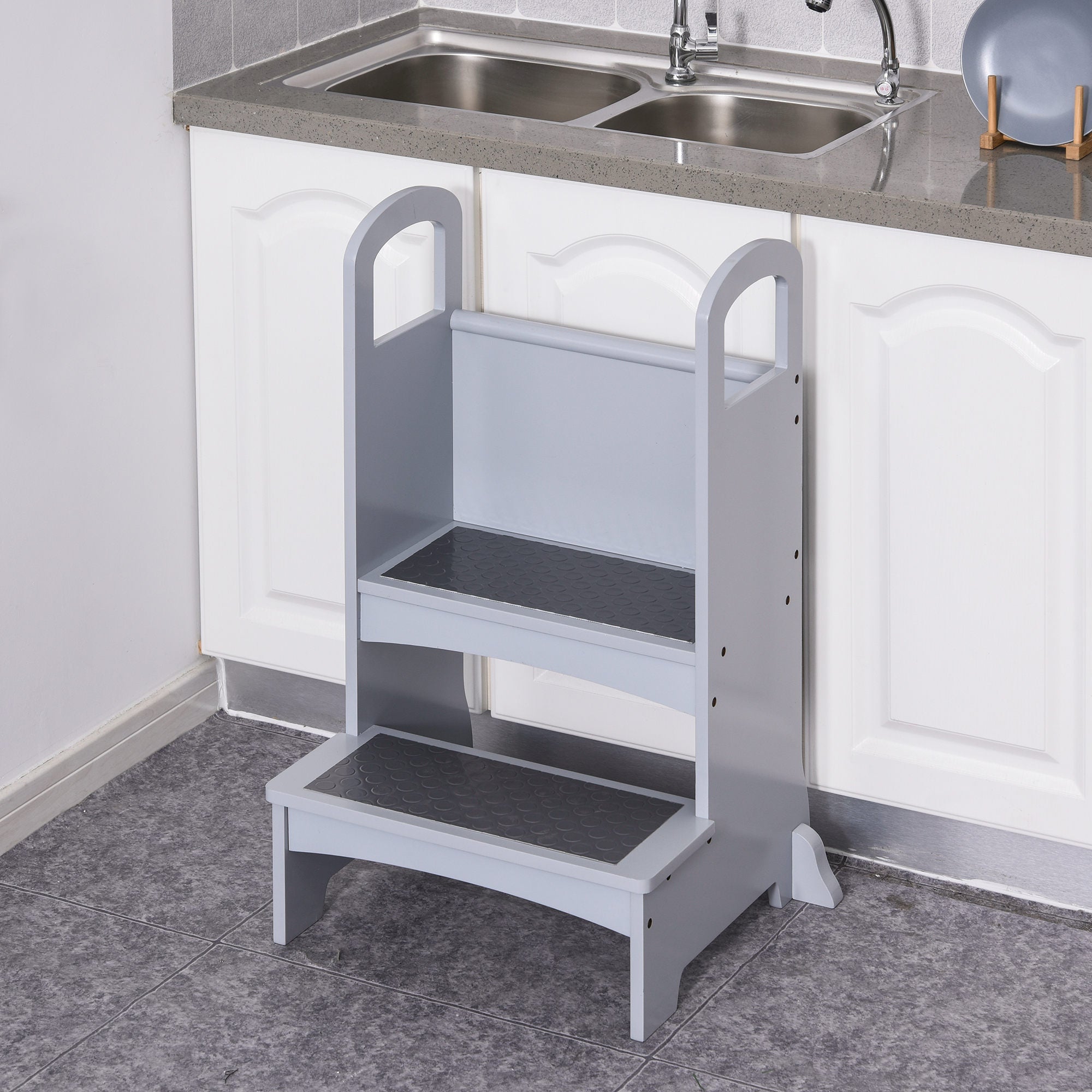 2 Step Stool Kids Kitchen Helper with Support Handles and Non-Slip Pad for Kitchen, Living room and Bathroom, Grey Toddler & Kids Step Stools   at Gallery Canada