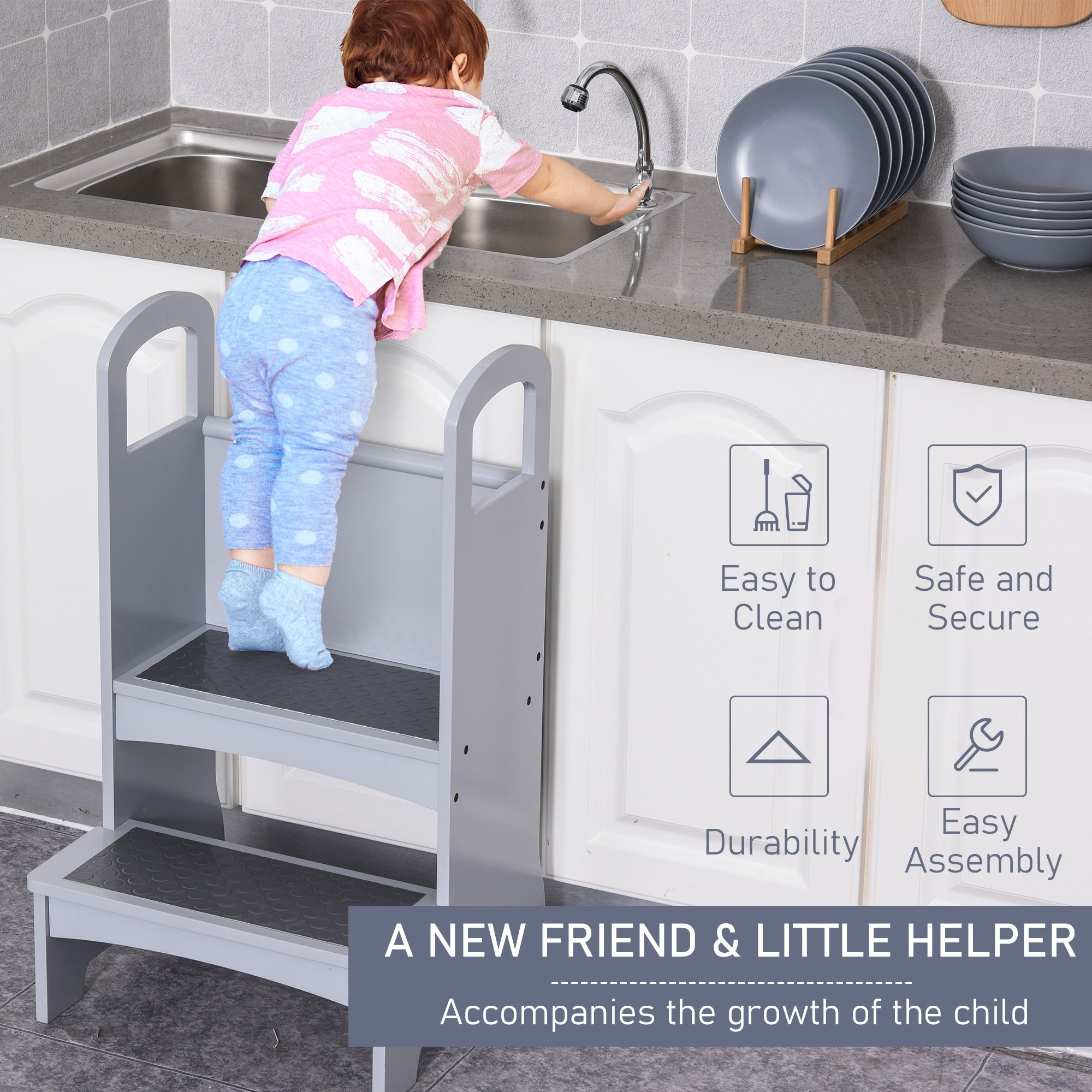 2 Step Stool Kids Kitchen Helper with Support Handles and Non-Slip Pad for Kitchen, Living room and Bathroom, Grey Toddler & Kids Step Stools   at Gallery Canada