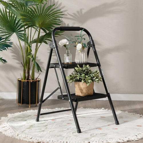 2-Step/3-Step Ladder with Wide Anti-Slip Pedal-2-Step, Black