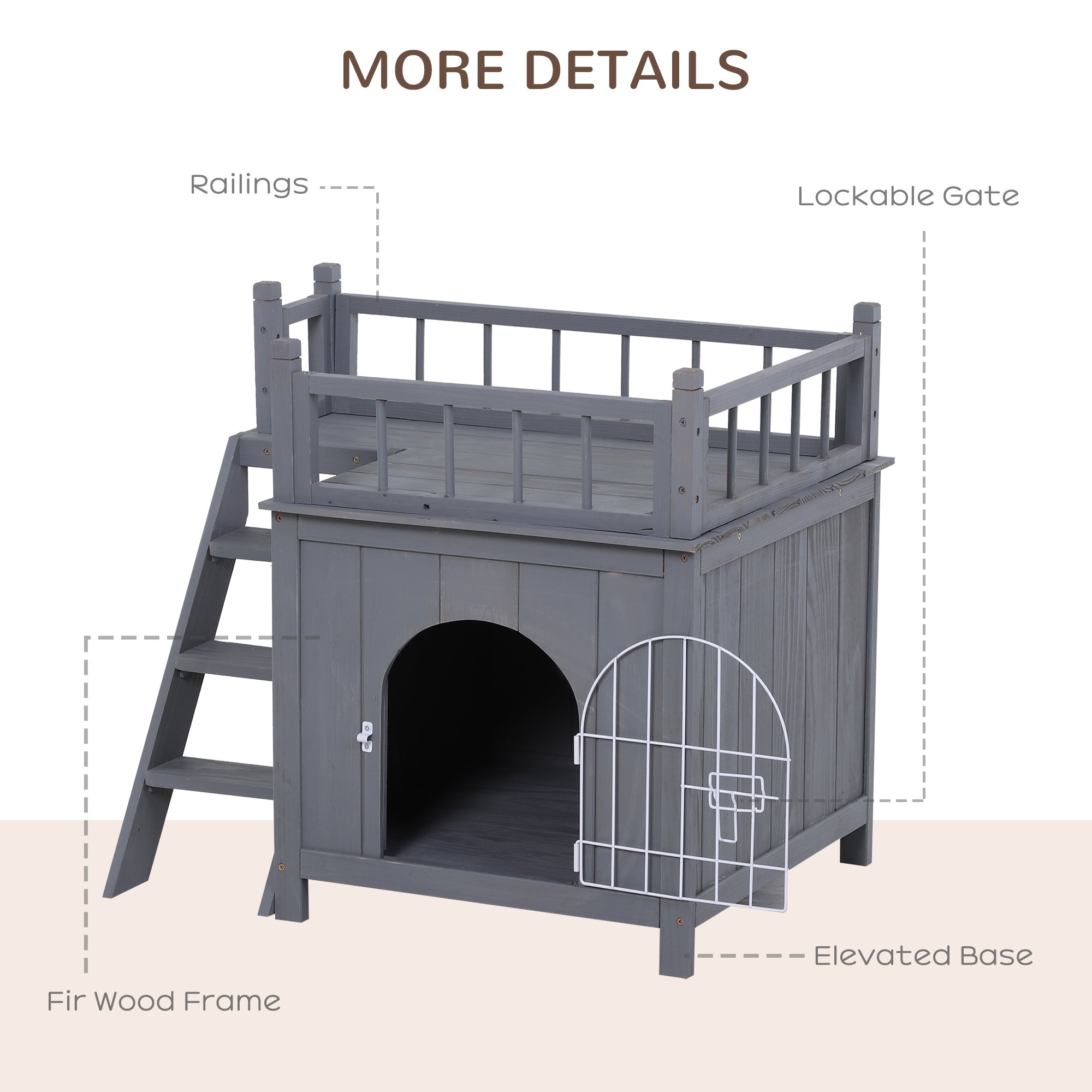 2-Story Pet House for Cats Miniature Sized Dogs, Wooden Kitten Shelter with Enclosure, Balcony, Lockable Gate, Stairs, Grey Cat Houses   at Gallery Canada