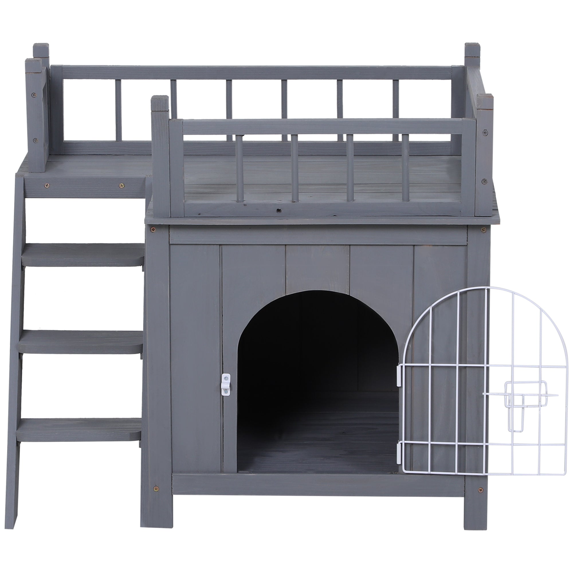 2-Story Pet House for Cats Miniature Sized Dogs, Wooden Kitten Shelter with Enclosure, Balcony, Lockable Gate, Stairs, Grey Cat Houses   at Gallery Canada