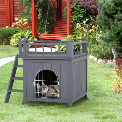 2-Story Pet House for Cats Miniature Sized Dogs, Wooden Kitten Shelter with Enclosure, Balcony, Lockable Gate, Stairs, Grey Cat Houses   at Gallery Canada