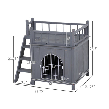 2-Story Pet House for Cats Miniature Sized Dogs, Wooden Kitten Shelter with Enclosure, Balcony, Lockable Gate, Stairs, Grey Cat Houses   at Gallery Canada