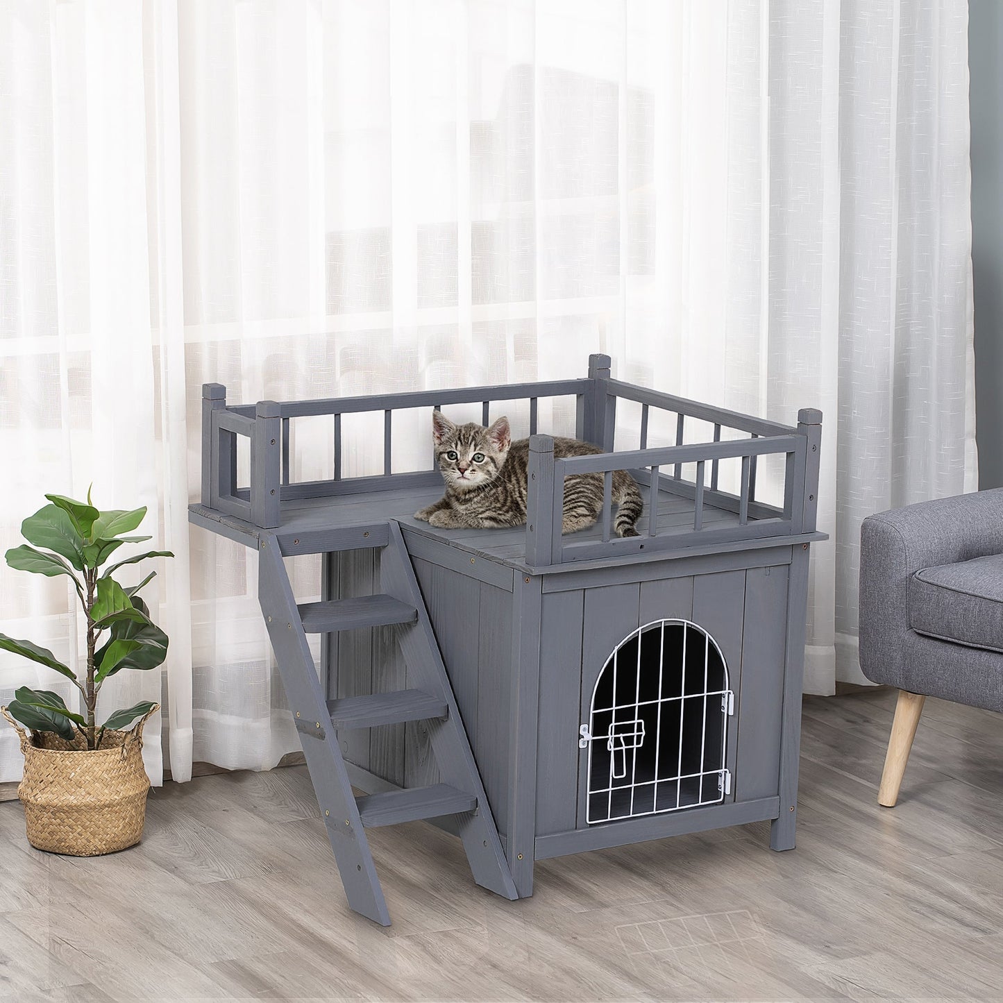 2-Story Pet House for Cats Miniature Sized Dogs, Wooden Kitten Shelter with Enclosure, Balcony, Lockable Gate, Stairs, Grey Cat Houses   at Gallery Canada