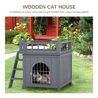 2-Story Pet House for Cats Miniature Sized Dogs, Wooden Kitten Shelter with Enclosure, Balcony, Lockable Gate, Stairs, Grey Cat Houses   at Gallery Canada