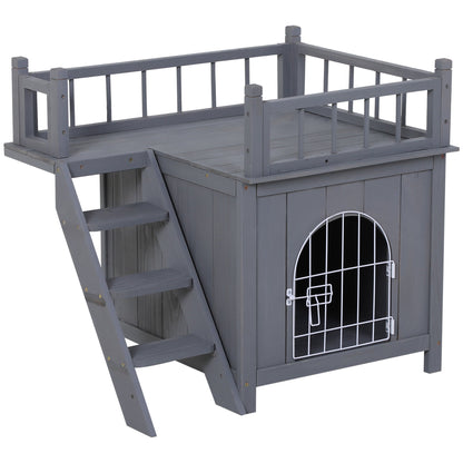 2-Story Pet House for Cats Miniature Sized Dogs, Wooden Kitten Shelter with Enclosure, Balcony, Lockable Gate, Stairs, Grey Cat Houses Grey  at Gallery Canada