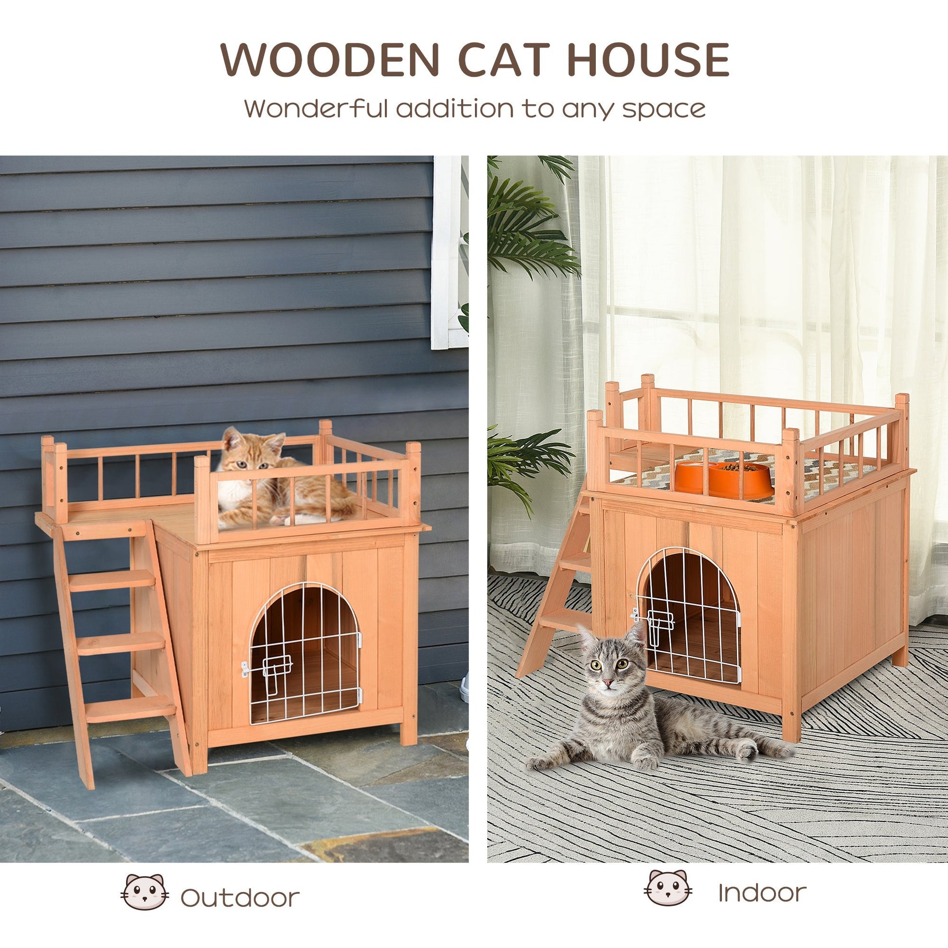 2-Story Pet House for Cats Miniature Sized Dogs, Wooden Kitten Shelter with Enclosure, Balcony, Lockable Gate, Stairs, Natural Cat Houses   at Gallery Canada