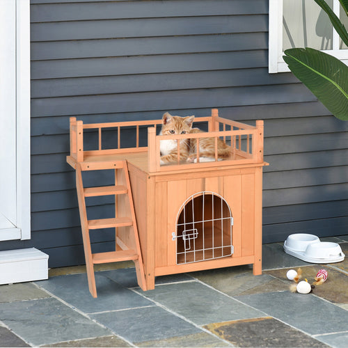 2-Story Pet House for Cats Miniature Sized Dogs, Wooden Kitten Shelter with Enclosure, Balcony, Lockable Gate, Stairs, Natural