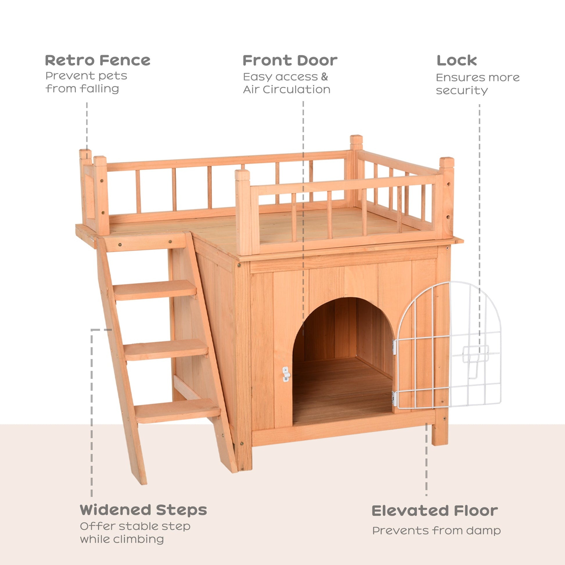 2-Story Pet House for Cats Miniature Sized Dogs, Wooden Kitten Shelter with Enclosure, Balcony, Lockable Gate, Stairs, Natural Cat Houses   at Gallery Canada