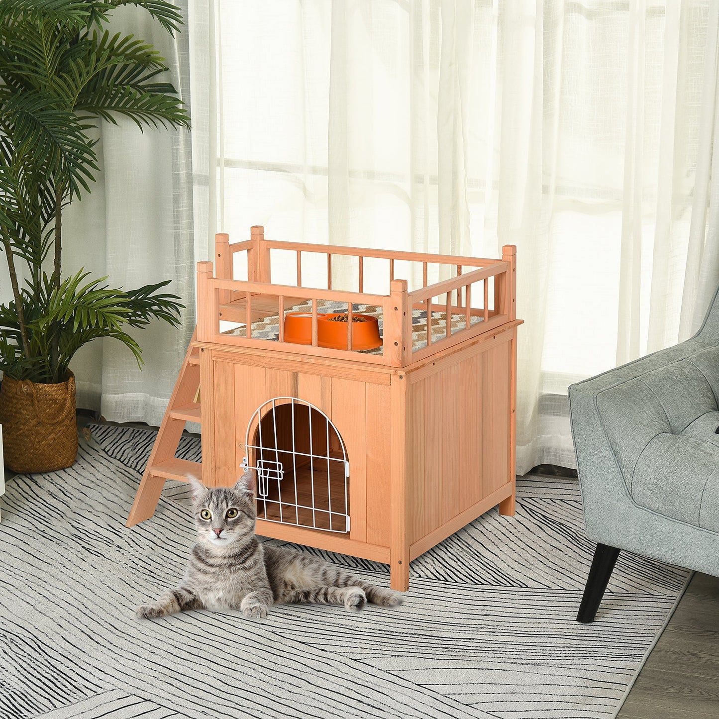 2-Story Pet House for Cats Miniature Sized Dogs, Wooden Kitten Shelter with Enclosure, Balcony, Lockable Gate, Stairs, Natural Cat Houses   at Gallery Canada