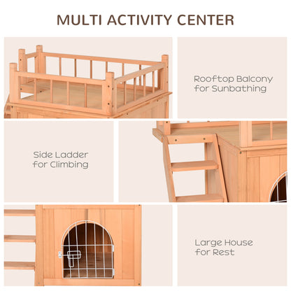 2-Story Pet House for Cats Miniature Sized Dogs, Wooden Kitten Shelter with Enclosure, Balcony, Lockable Gate, Stairs, Natural Cat Houses   at Gallery Canada