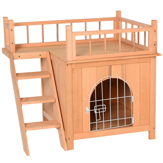2-Story Pet House for Cats Miniature Sized Dogs, Wooden Kitten Shelter with Enclosure, Balcony, Lockable Gate, Stairs, Natural - Gallery Canada