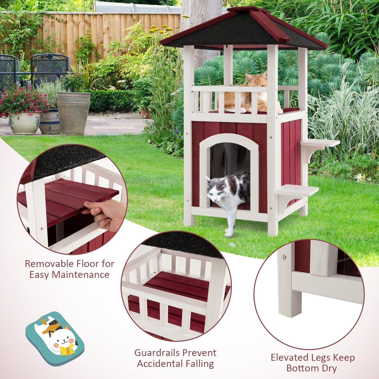 2-Story Wooden Cat House with Asphalt Roof Balcony and Rain Curtain, Red & White Cat Houses   at Gallery Canada