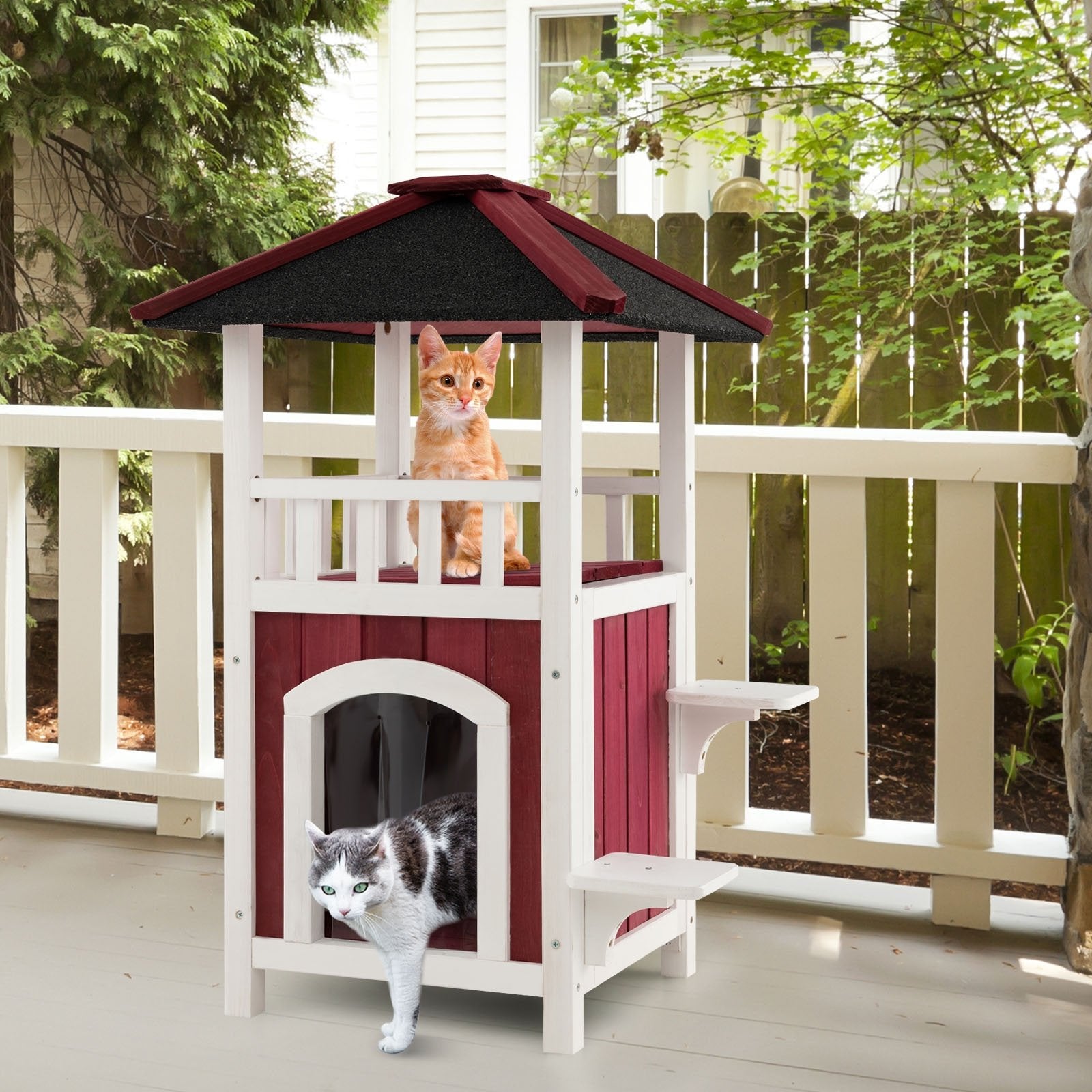 2-Story Wooden Cat House with Asphalt Roof Balcony and Rain Curtain, Red & White Cat Houses   at Gallery Canada