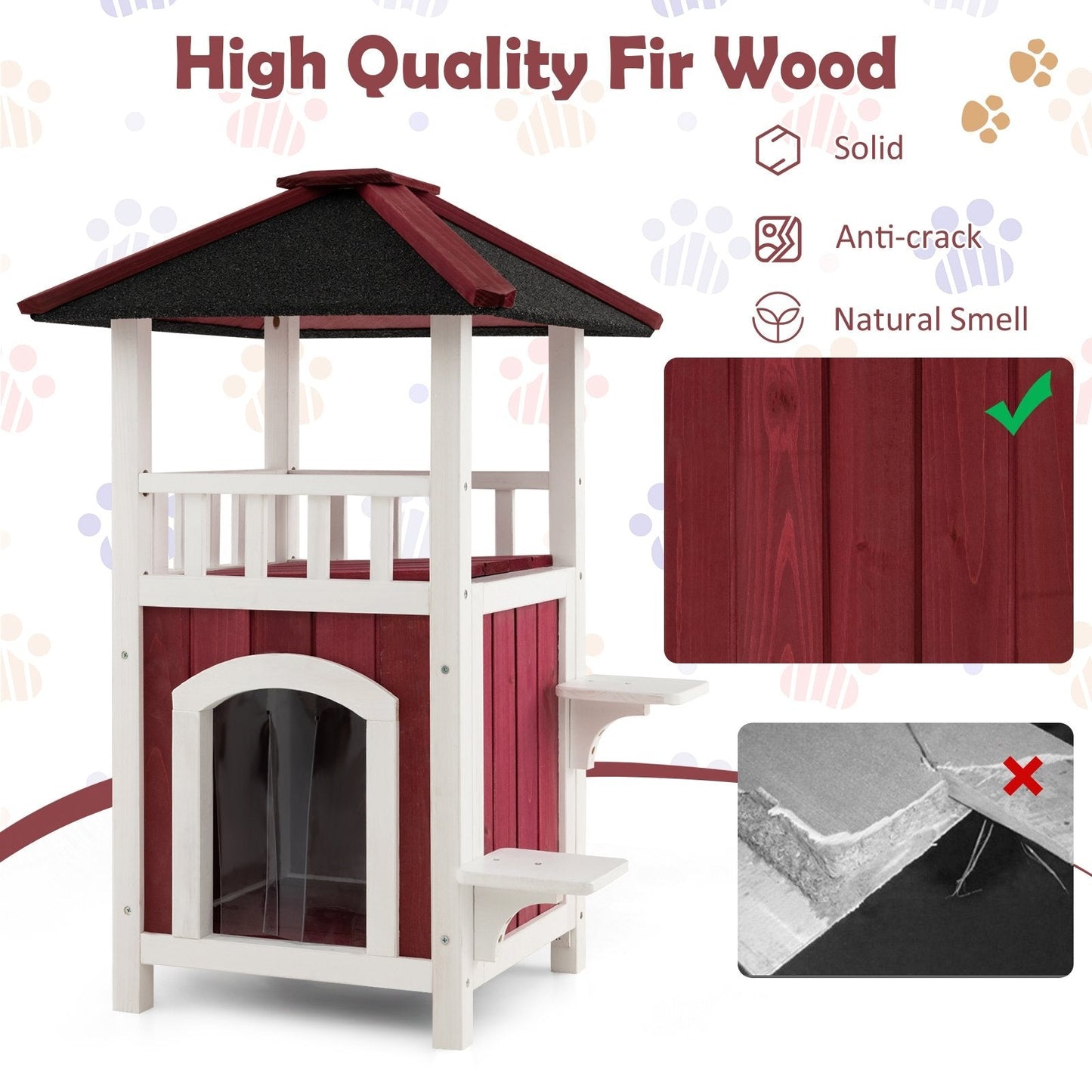 2-Story Wooden Cat House with Asphalt Roof Balcony and Rain Curtain, Red & White Cat Houses   at Gallery Canada