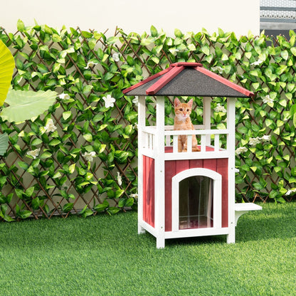 2-Story Wooden Cat House with Asphalt Roof Balcony and Rain Curtain, Red & White Cat Houses   at Gallery Canada