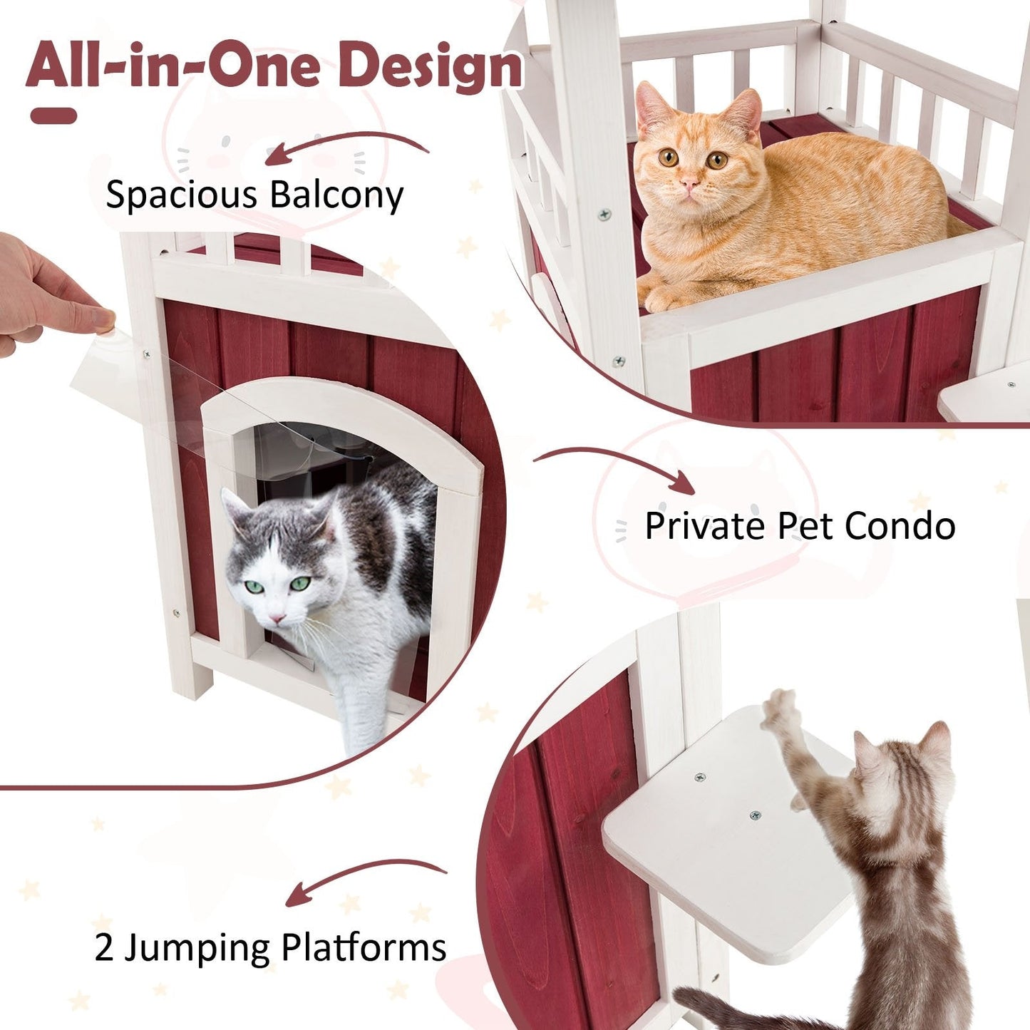 2-Story Wooden Cat House with Asphalt Roof Balcony and Rain Curtain, Red & White Cat Houses   at Gallery Canada