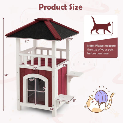 2-Story Wooden Cat House with Asphalt Roof Balcony and Rain Curtain, Red & White Cat Houses   at Gallery Canada