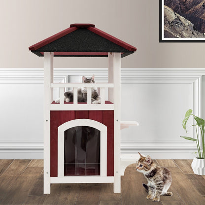 2-Story Wooden Cat House with Asphalt Roof Balcony and Rain Curtain, Red & White Cat Houses   at Gallery Canada