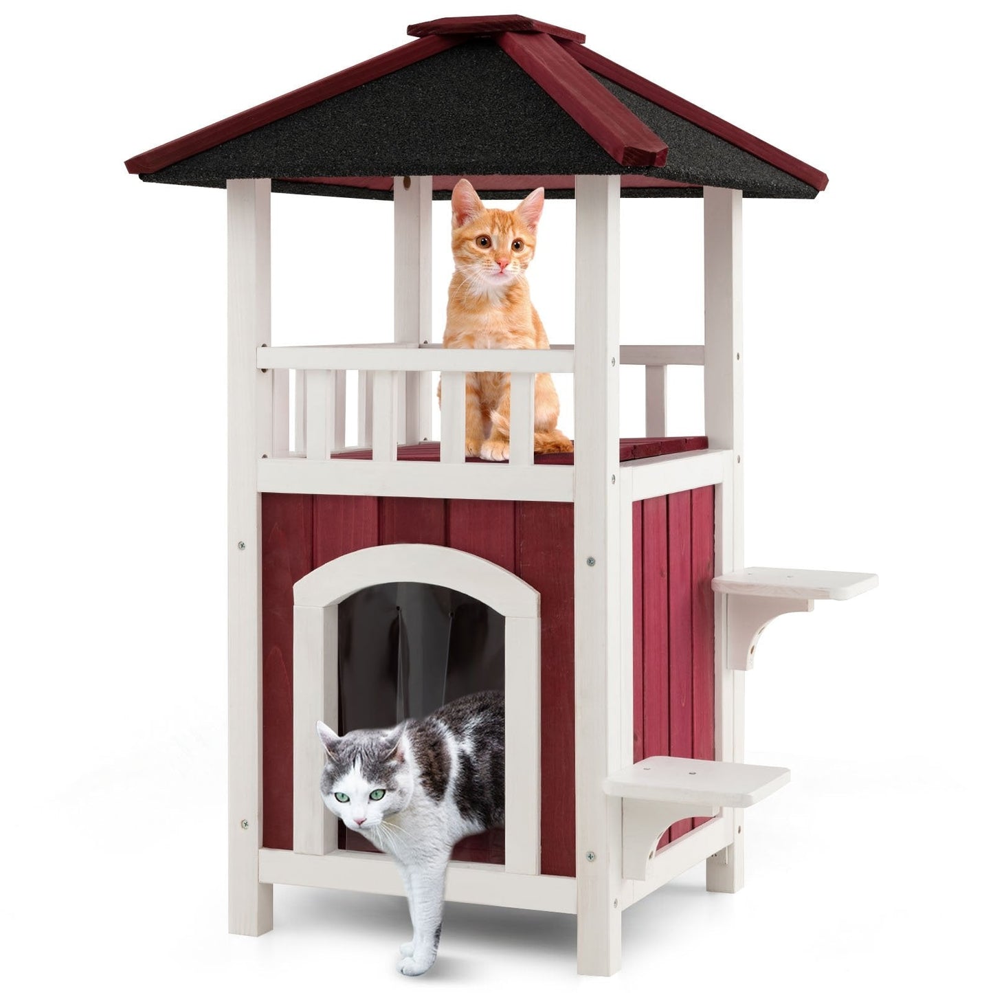 2-Story Wooden Cat House with Asphalt Roof Balcony and Rain Curtain, Red & White Cat Houses   at Gallery Canada