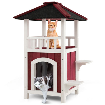 2-Story Wooden Cat House with Asphalt Roof Balcony and Rain Curtain, Red & White Cat Houses   at Gallery Canada