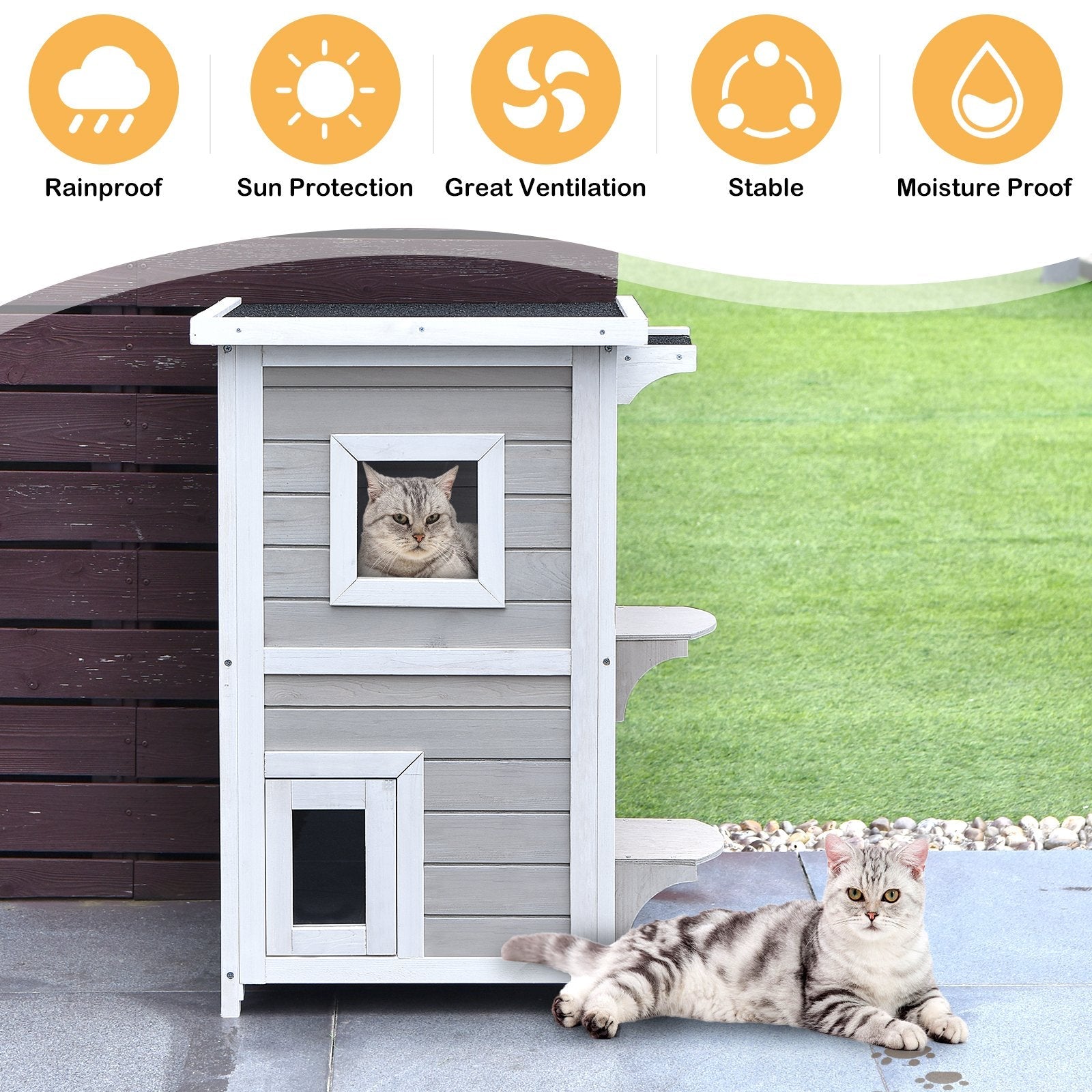 2-Story Wooden Cat House with Escape Door Rainproof, Gray & White Cat Houses   at Gallery Canada