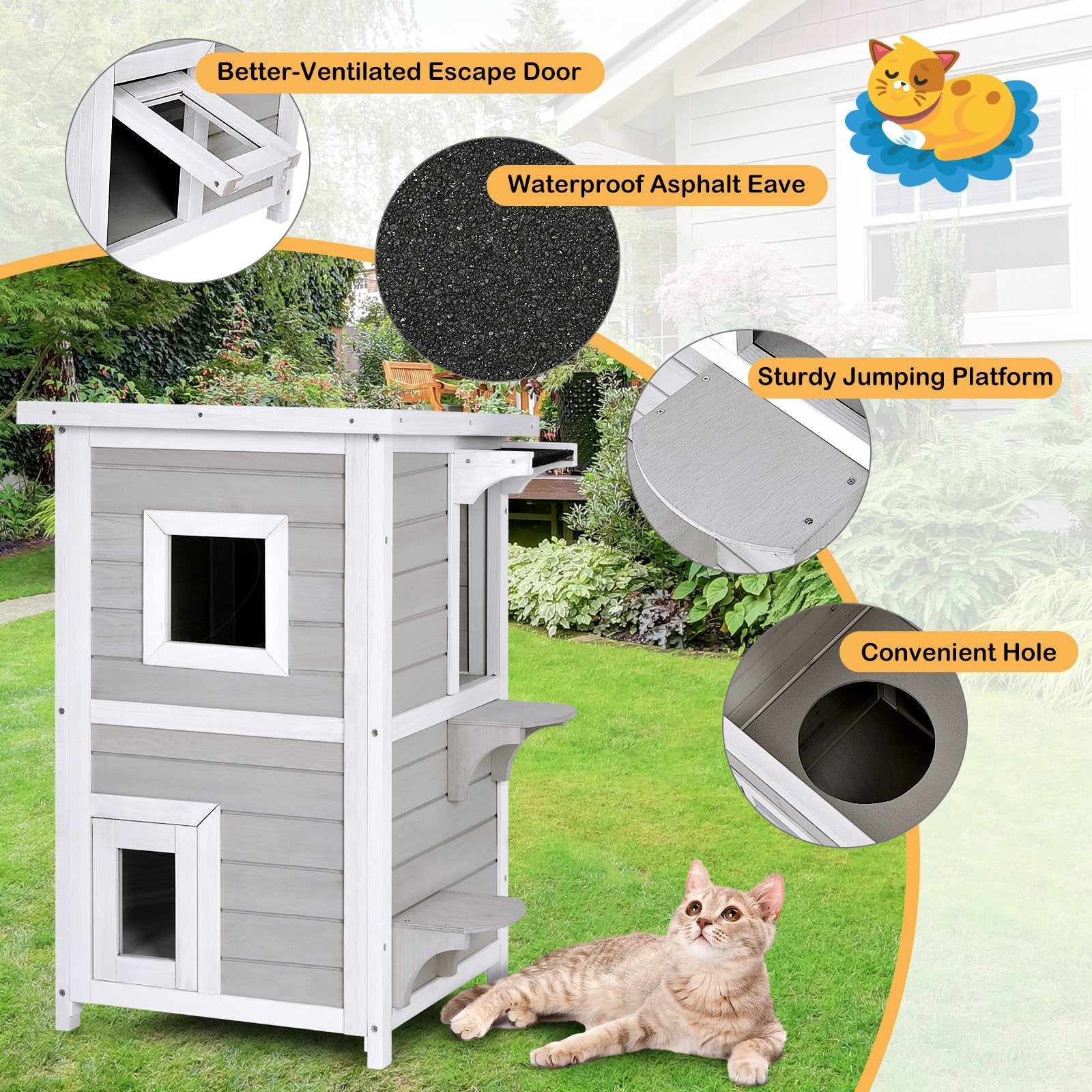 2-Story Wooden Cat House with Escape Door Rainproof, Gray & White Cat Houses   at Gallery Canada