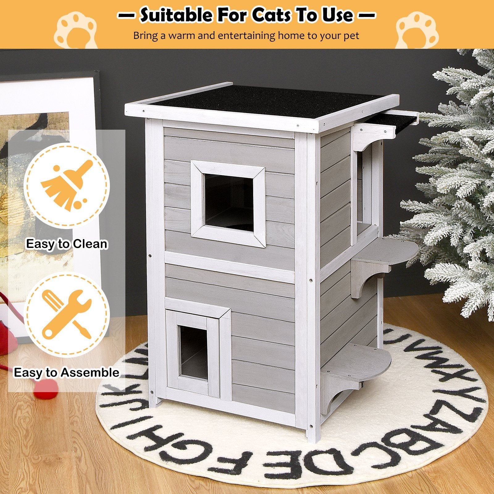 2-Story Wooden Cat House with Escape Door Rainproof, Gray & White Cat Houses   at Gallery Canada